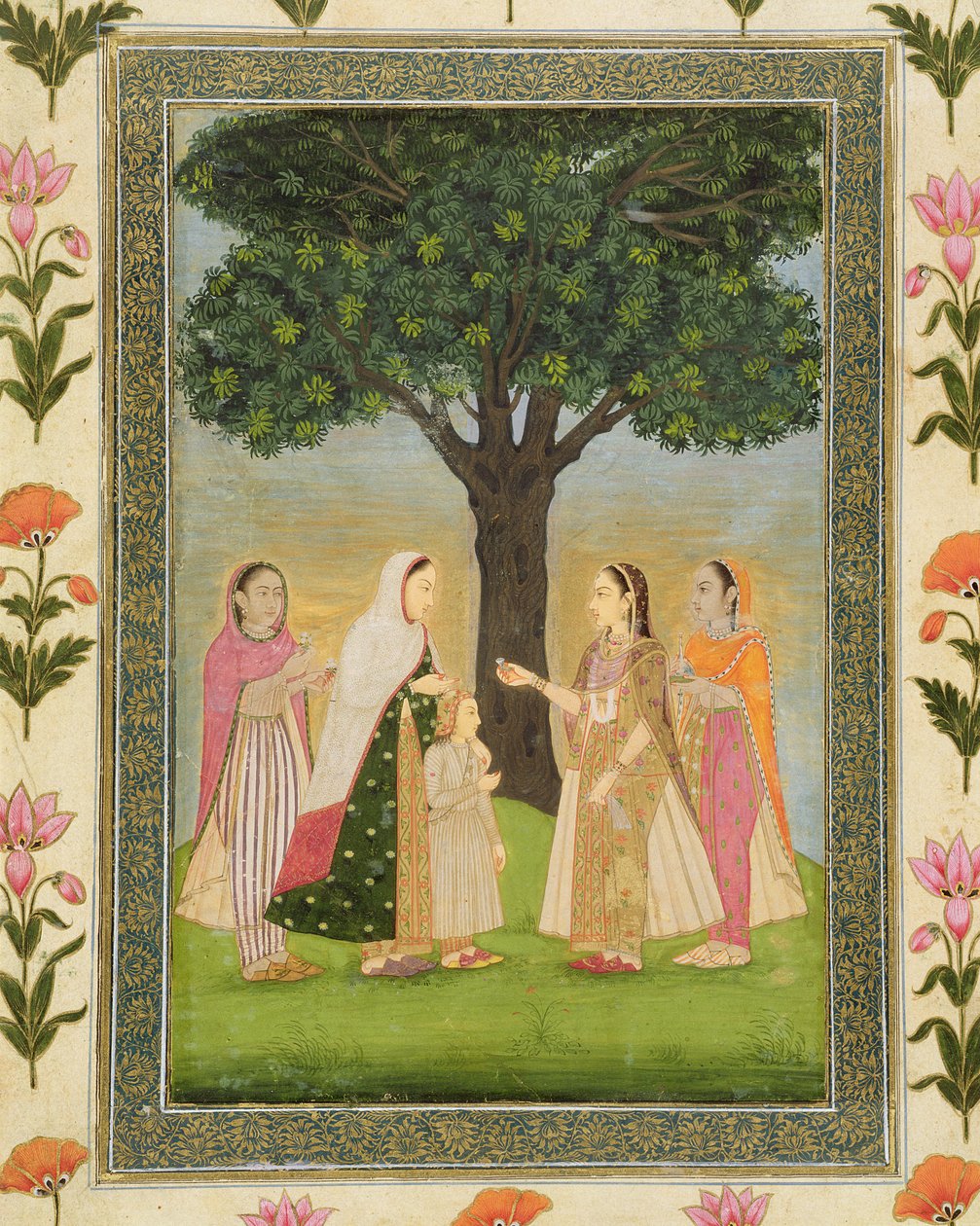 Négy hölgy találkozik egy fa mellett, a Small Clive Albumból (papíron átlátszatlan wc) alkotó: Mughal School