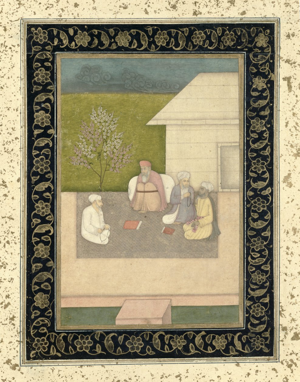 Négy muzulmán szent ember, akik meditálnak egy kunyhó előtt, a Large Clive Albumból alkotó: Mughal School