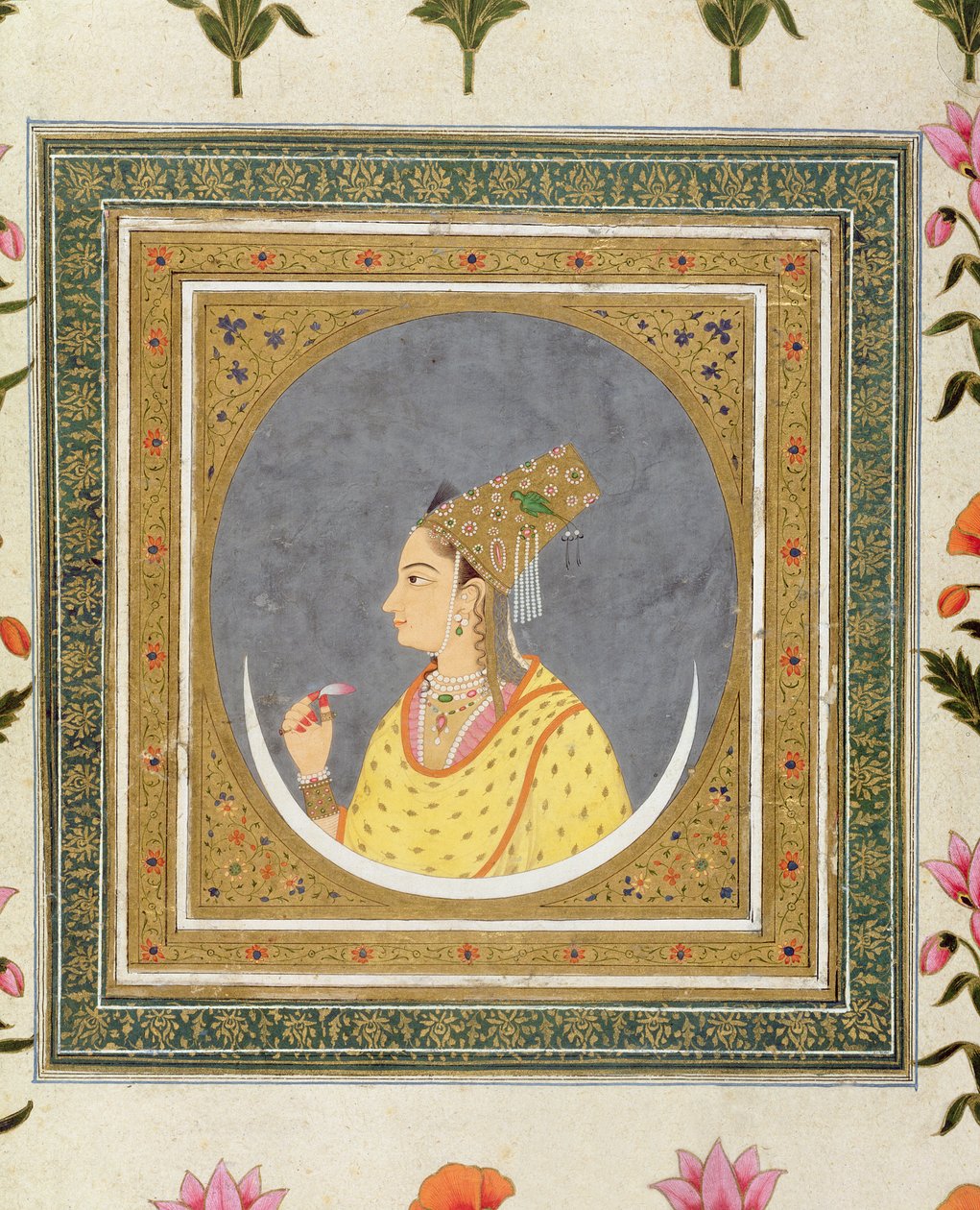 Lótuszszirmot tartó hölgy portréja a Small Clive Albumból, 1750-60 körül alkotó: Mughal School