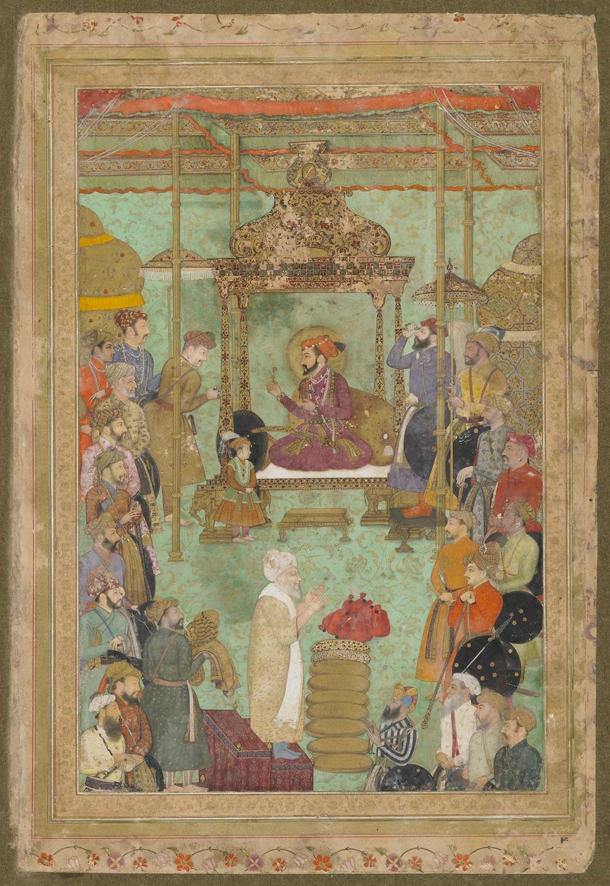 Shah Jahan Mahabat Khannal és egy Shaykh-val trónolt, a néhai Shah Jahan albumból, leválasztott kéziratos fólió, 1629-1630 alkotó: Mughal School