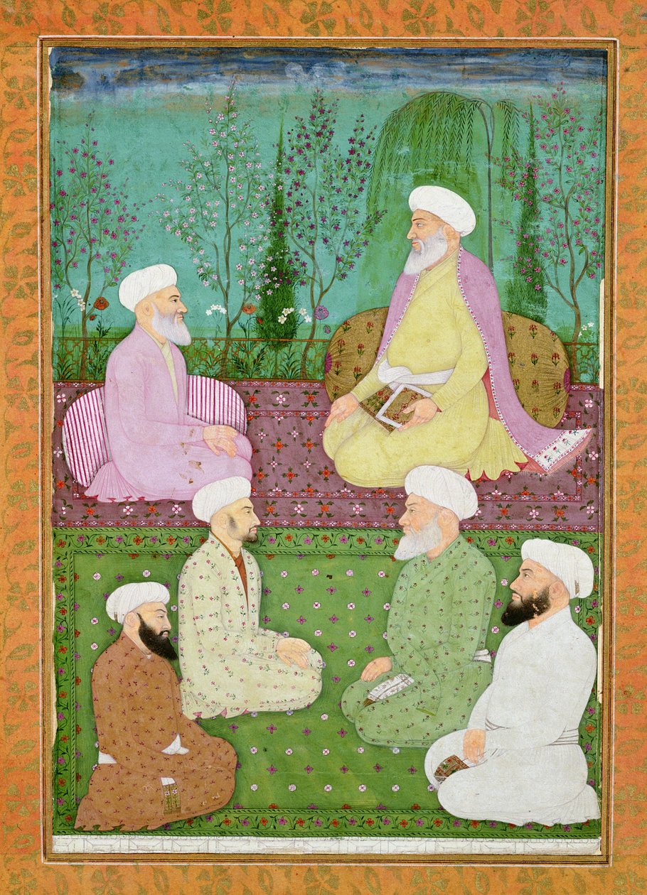 Hat muszlim szent ember ül egy kerti teraszon, a Large Clive Albumból alkotó: Mughal School