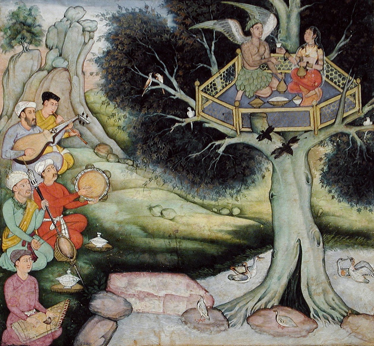 Somaprabha és egy mennyei nimfa zenét hallgat, 1590 körül alkotó: Mughal School