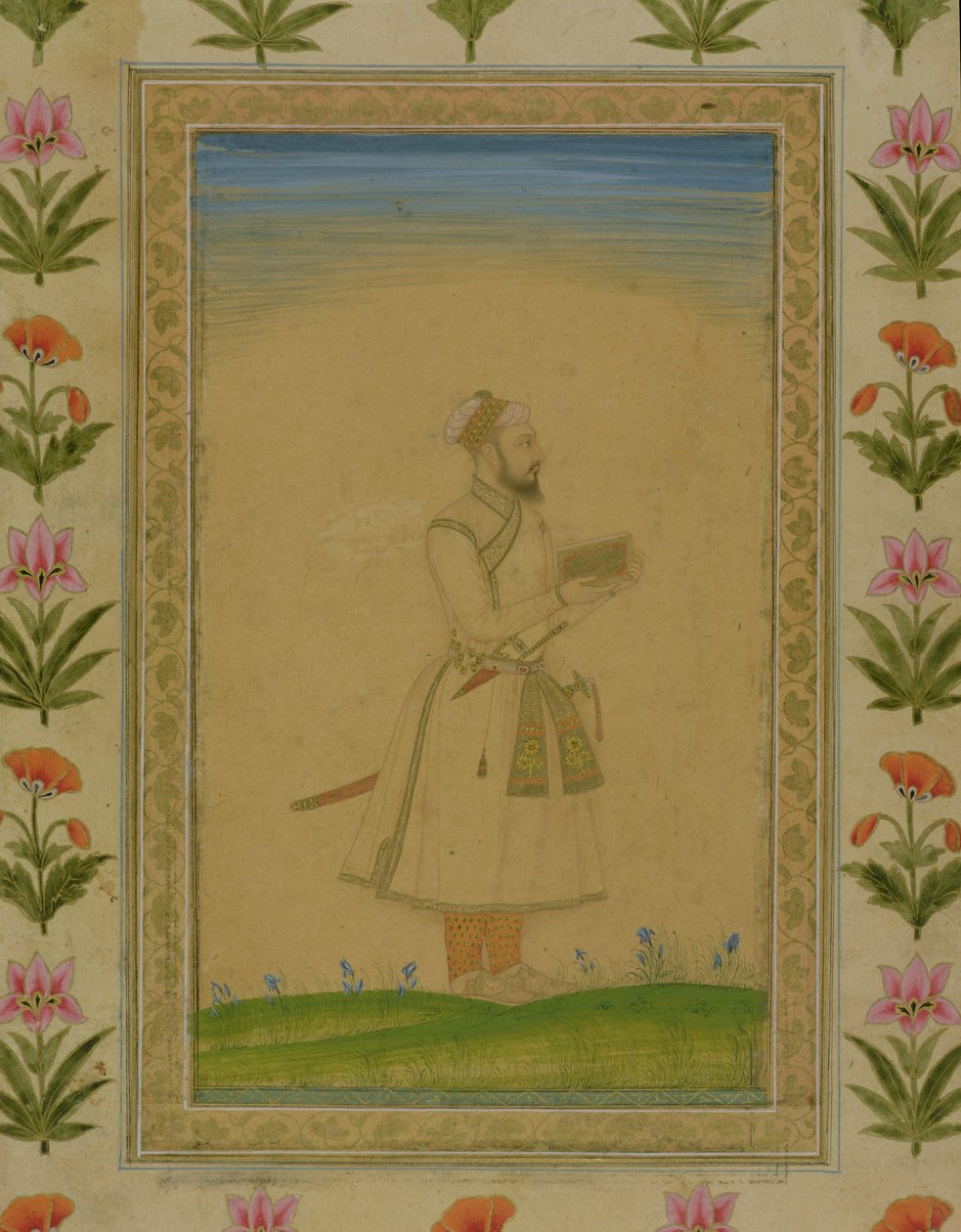 Nemes ember álló alakja, kezében egy könyv, a Small Clive Albumból (papíron átlátszatlan wc) alkotó: Mughal School