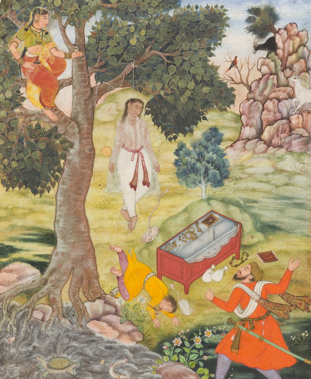 Mese a ravasz Sziddhikariról, 1590 körül (átlátszatlan akvarell, arany és tus a papíron) alkotó: Mughal School