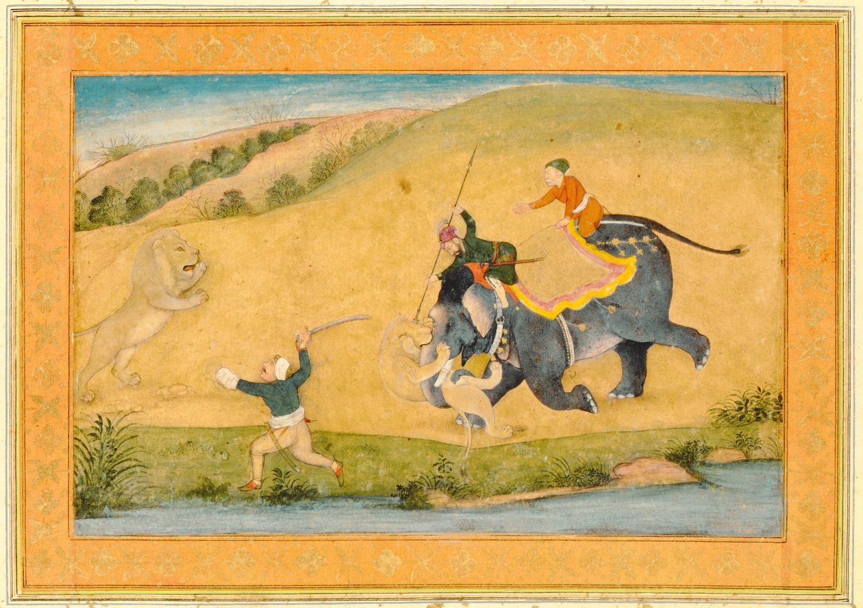 Három férfi oroszlánvadászat, a Large Clive Albumból alkotó: Mughal School