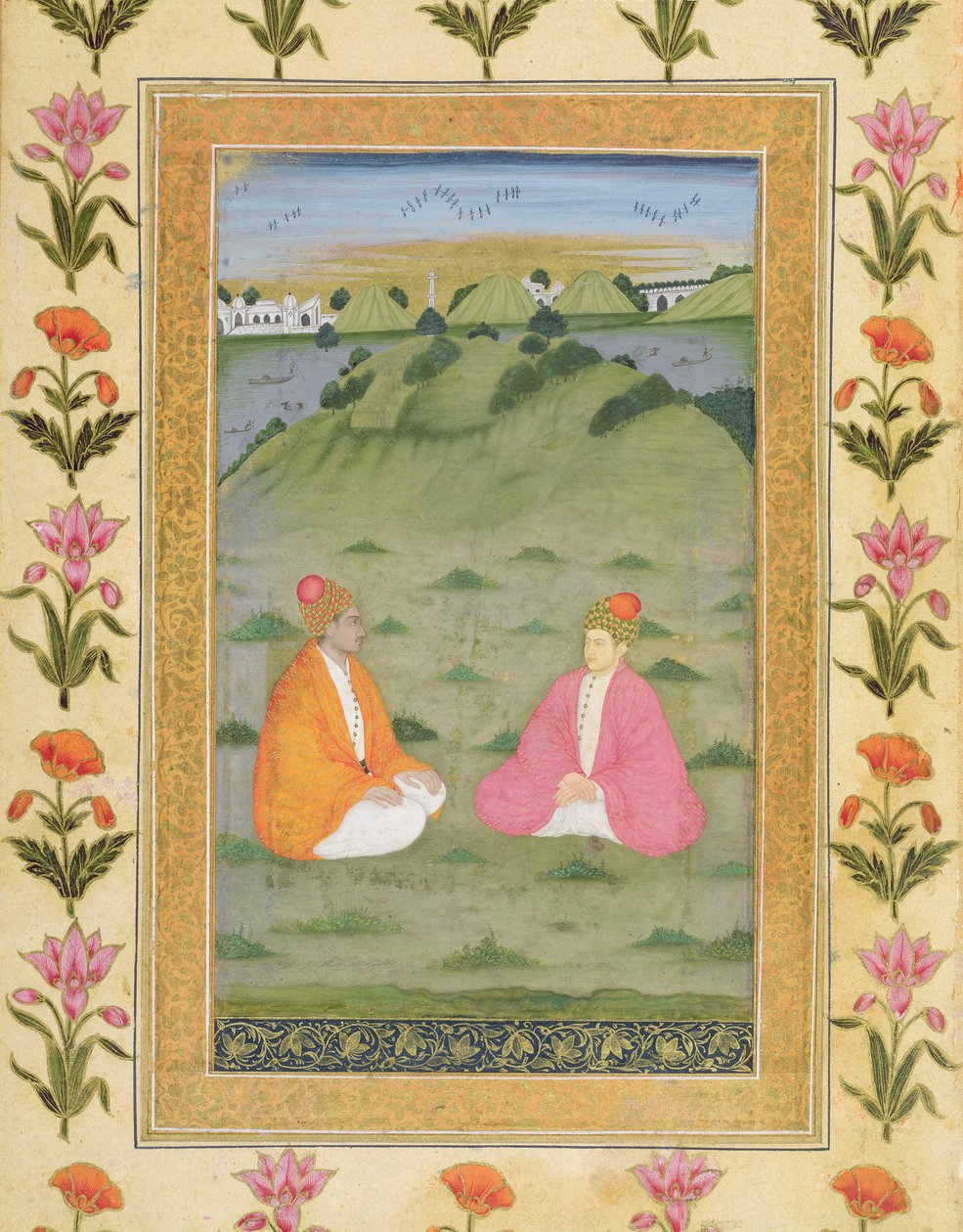 Két nemes ül egy tájban, a Small Clive Albumból (papíron átlátszatlan wc) alkotó: Mughal School
