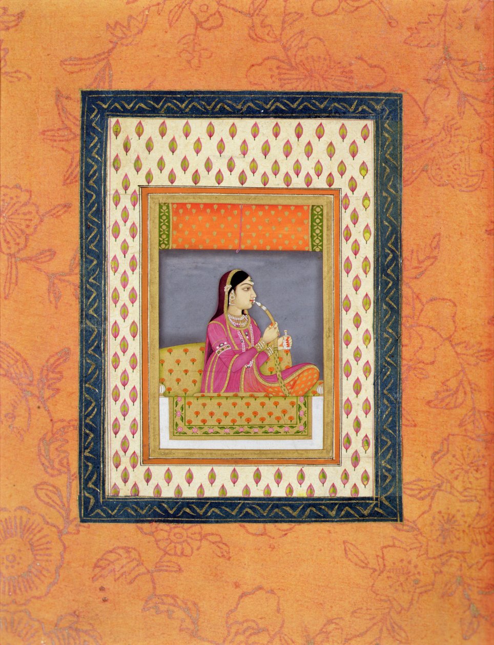 Egy hölgy vízipipát szív és parfümös lombik a kezében, 1760 körül (papíron átlátszatlan wc) alkotó: Mughal School