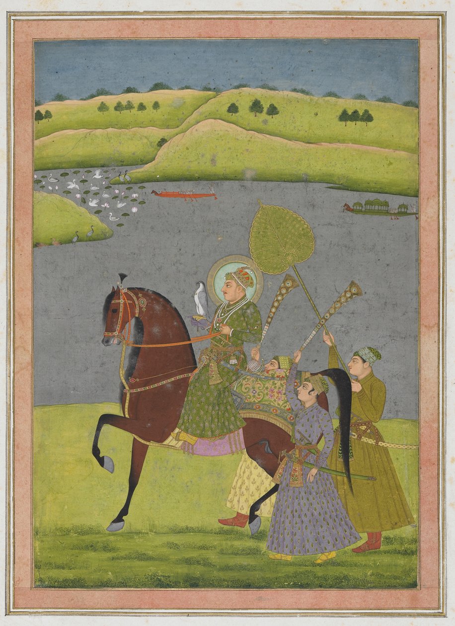 Muhammad Shah lovas portréja az Impey albumból, leválasztott kéziratos fólió, 1730 körül (átlátszatlan akvarell és arany a papíron) alkotó: Mughal School