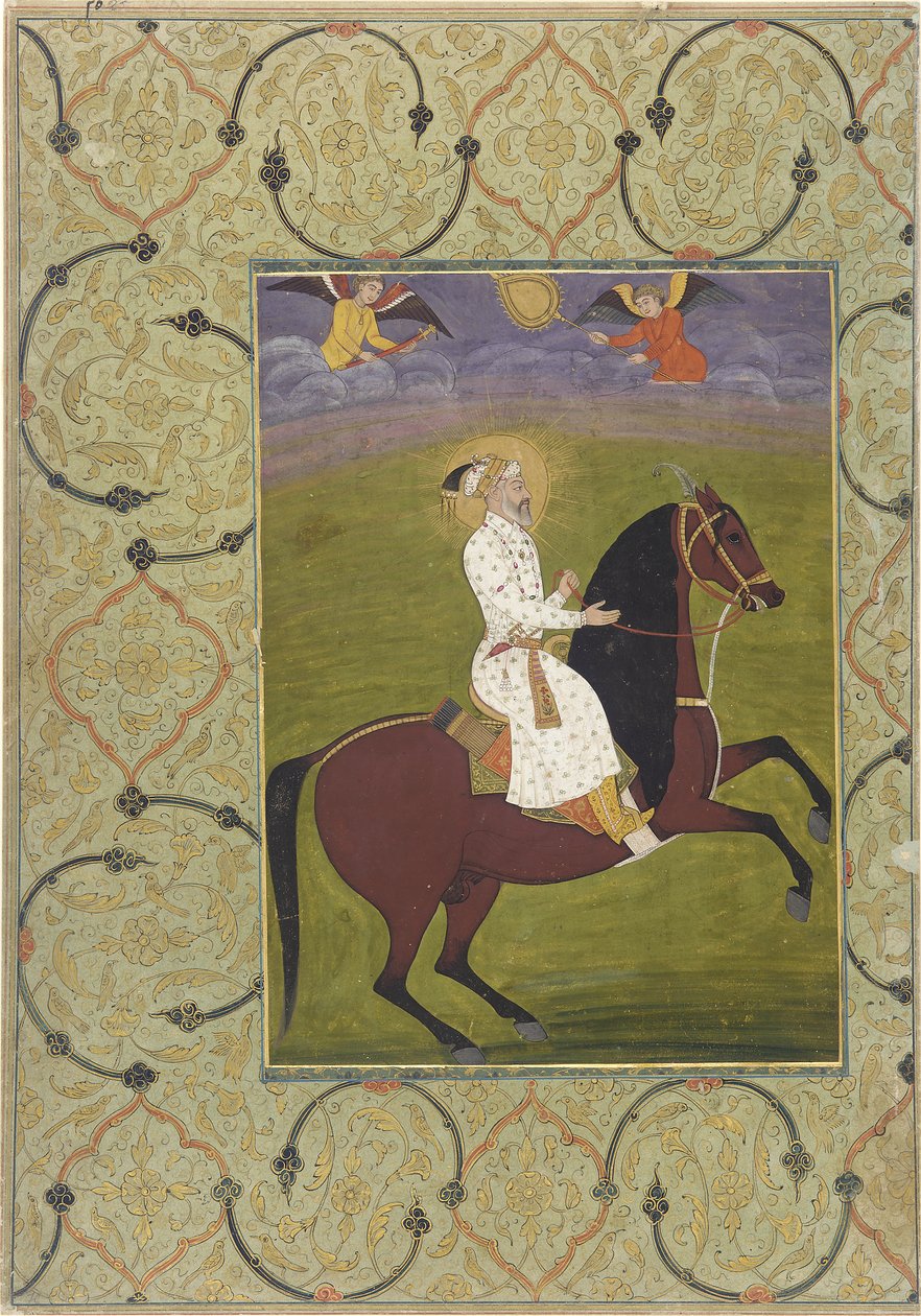 Shahjahan (ur. 1628-58) lovas portréja, leválasztott albumfólió, 1750-1770 (papíron átlátszatlan akvarell) alkotó: Mughal School