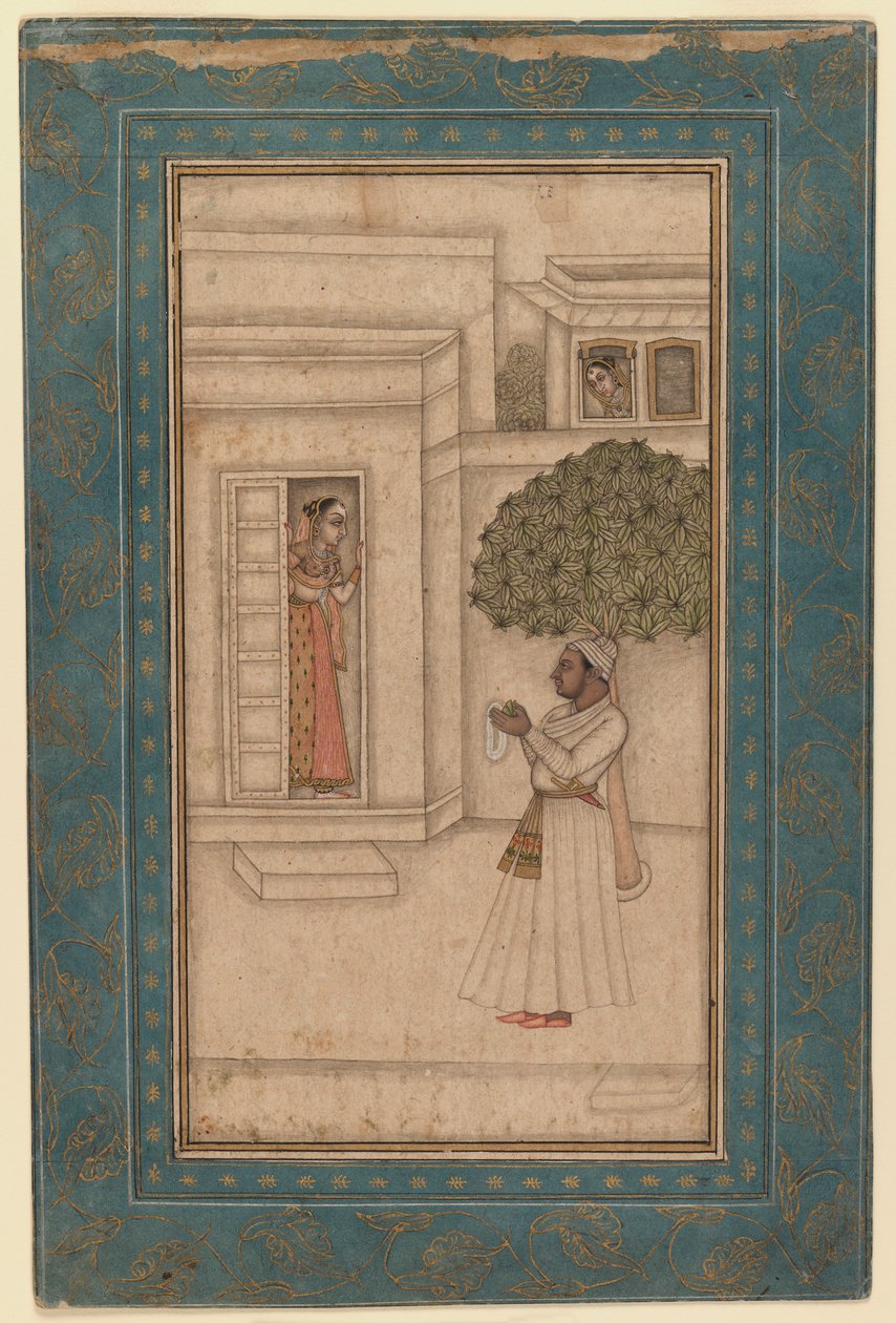 Herceg és kedvese egy kertben, 1760 körül (tinta és átlátszatlan wc papíron) alkotó: Mughal School