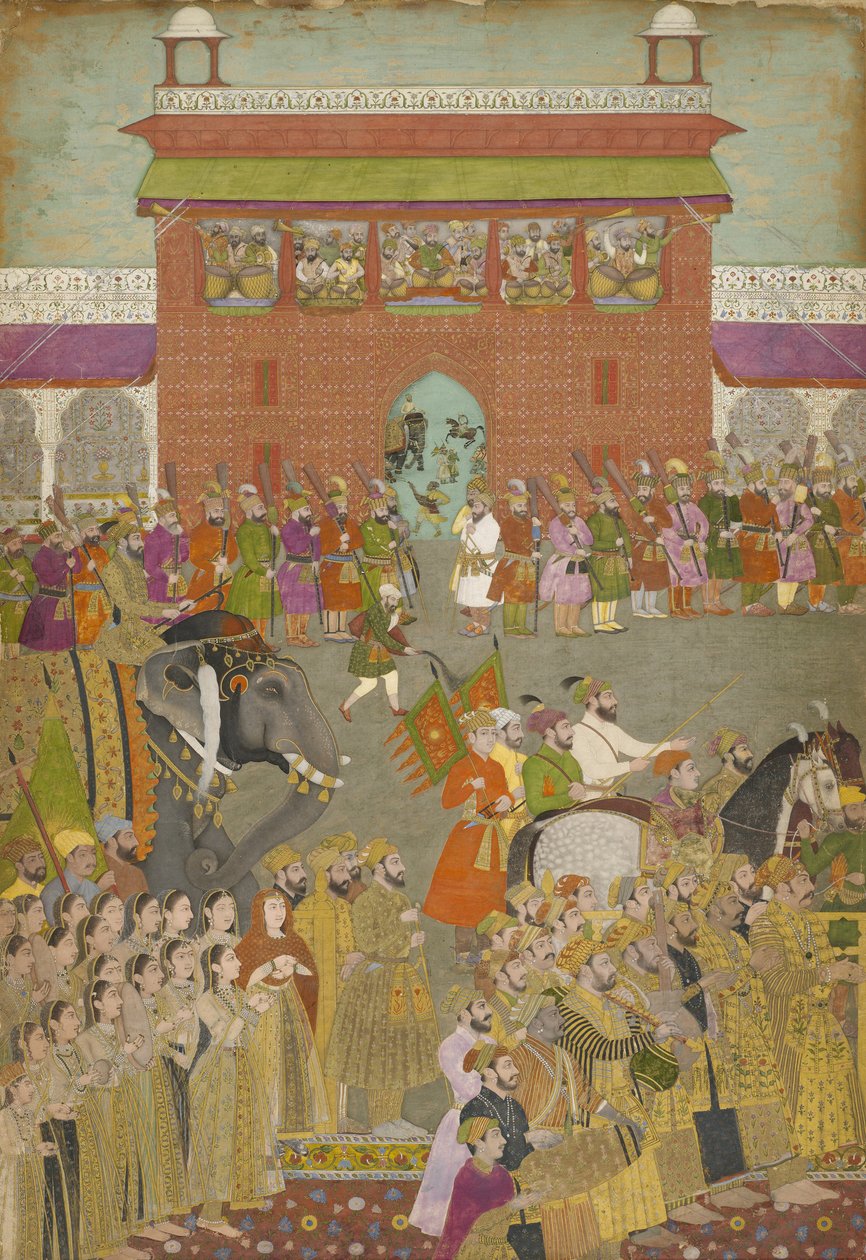 Felvonulási jelenet zenészekkel, a Padshanama másolatából, mogul korszakból, 17. század közepe alkotó: Mughal School