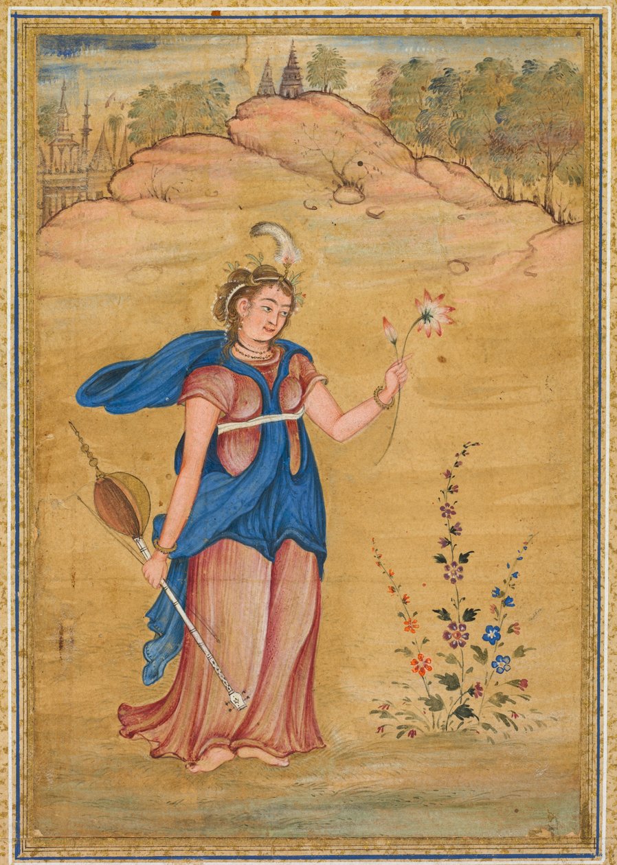 Tájképben álló női alak, kezében négyhúros khuuchirral és lótusszal, 1590 körül (aranyozott, átlátszatlan akvarell, papír) alkotó: Mughal School