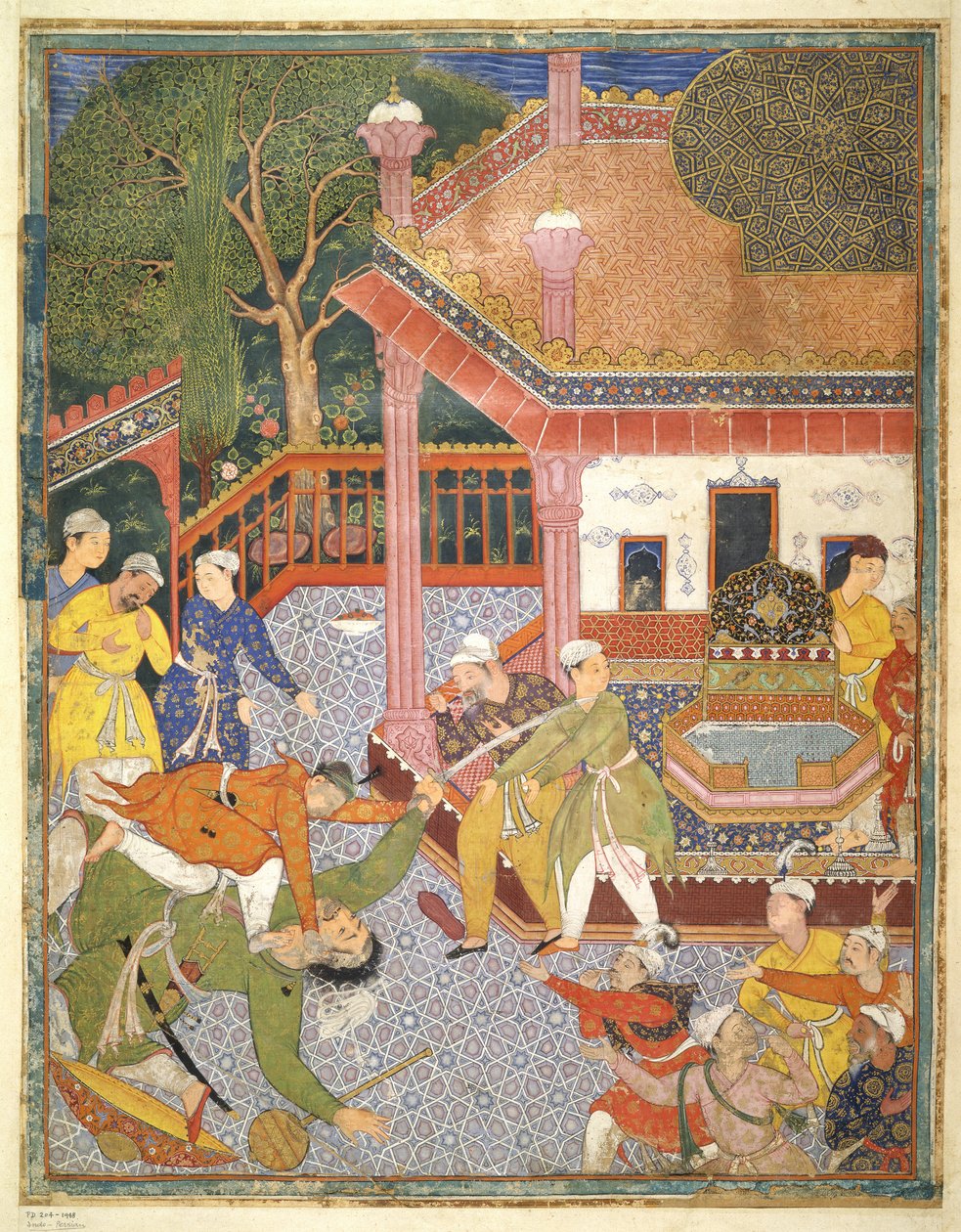 Egy hős egy óriást öl meg bámészkodók tömege előtt az udvaron, illusztráció a Hamza Namából, 1555-67 körül (testszín pamut színű) alkotó: Mughal School