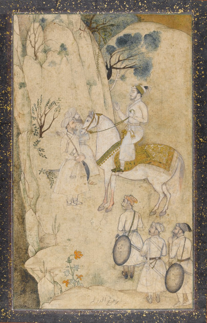 Egy herceg lóháton, öt kísérővel, egy vízeséssel kapcsolatban (wc tollal és tintával, grafittal és arannyal a papíron) alkotó: Mughal School