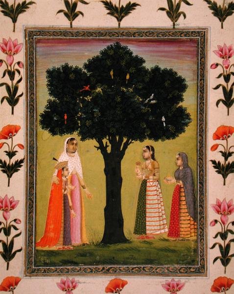 Egy hercegnő a fiával találkozik két hölggyel, akik ajándékokat ajánlanak fel a Small Clive Albumból (átlátszatlan akvarell papíron) alkotó: Mughal School