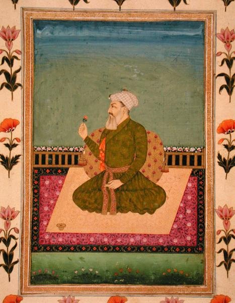 Szőnyegen vagy teraszon ülő vonalzó, kezében egy virág, a Small Clive Albumból (átlátszatlan akvarell papíron) alkotó: Mughal School