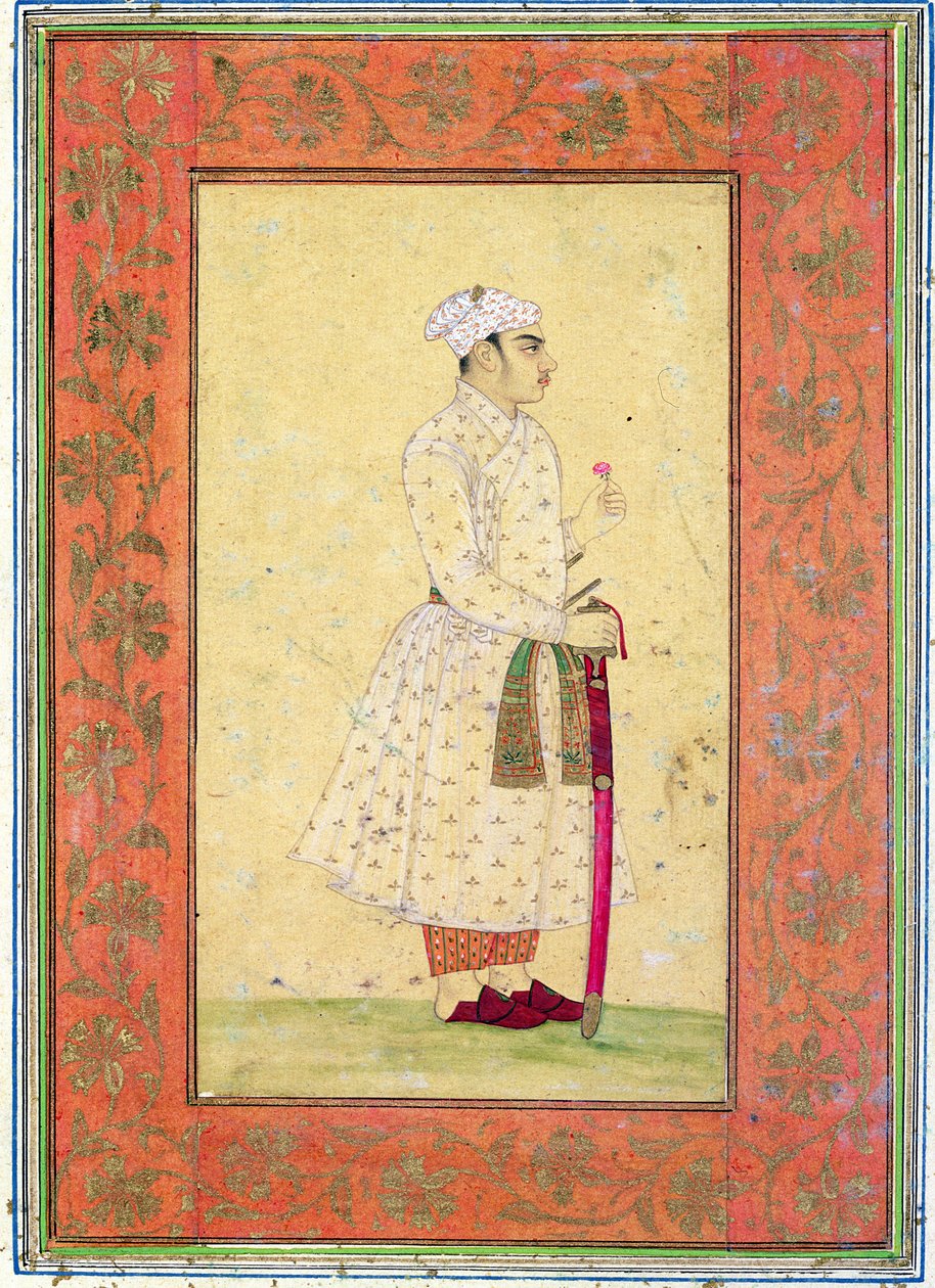 Egy fiatal nemes a mogul udvarból, a Large Clive Albumból (színezett rajz wc-vel papíron) alkotó: Mughal School
