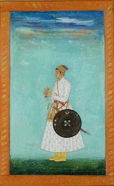 Egy fiatal nemes a mogul udvarból, kezében egy lezárt brokát boríték, 1670-80 körül, a Large Clive Albumból (guache papíron) alkotó: Mughal School