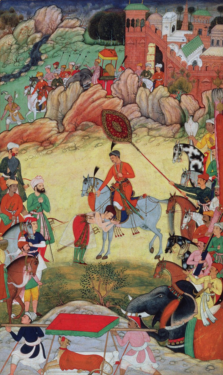 Adham kán tiszteleg Akbar előtt a közép-indiai Sarangpurban 1560-ban vagy 1561-ben, az Akbarnamából, 1590-98 alkotó: Mughal School