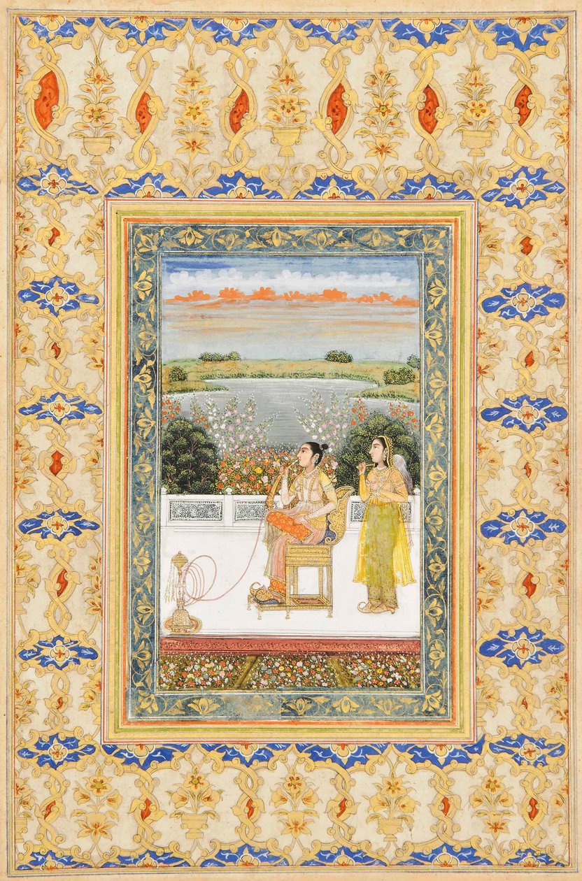 Albumoldal: Gulbadan Begum dohányzik a teraszon, Delhi, 1800 körül alkotó: Mughal School