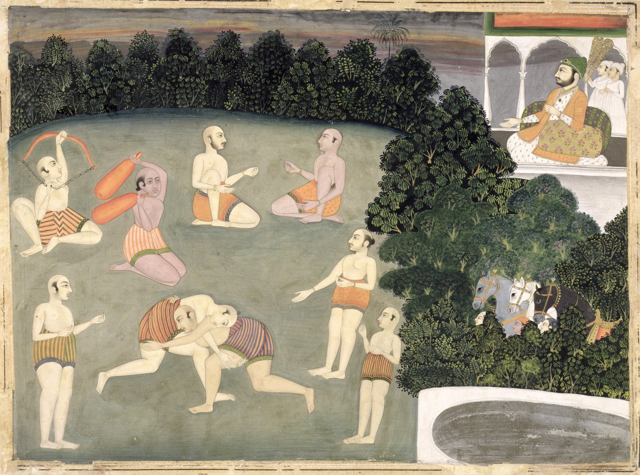 A sportolók egy ülő nemes előtt teljesítenek, 1760 körül (papíron átlátszatlan wc) alkotó: Mughal School