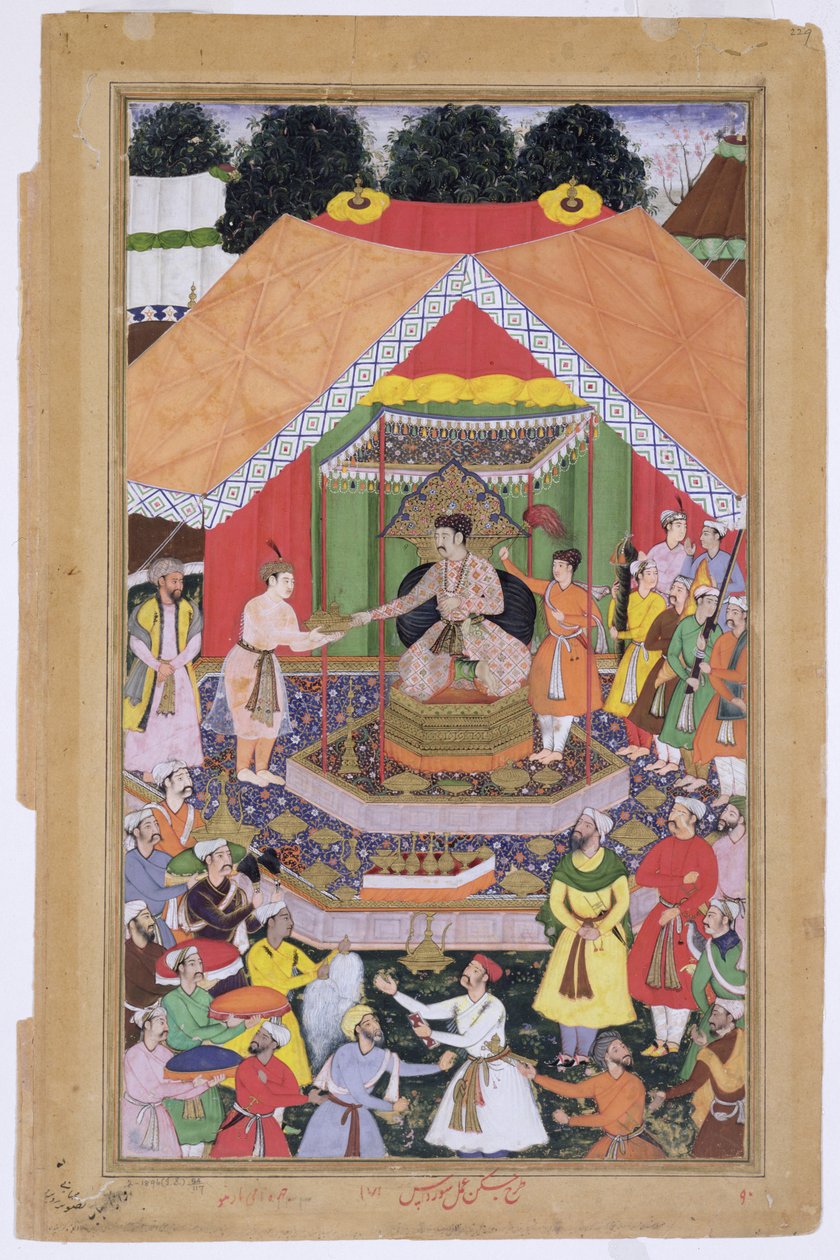 Akbar császárt (1556-1605) nevelőtestvére, Azim Khan szórakoztatta a pandzsábi Dipalpurban, 1571-ben az Abul Fazi által 1590-98-ban készített Akbarnamából (átlátszatlan wc és arany papíron) alkotó: Mughal School