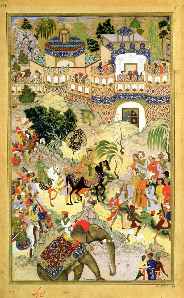 Akbar császár diadalmas belépése Szúratba, Abul Fazi (1515-1602) által készített Akbarnamából 1590-98 (átlátszatlan wc és arany papíron) alkotó: Mughal School