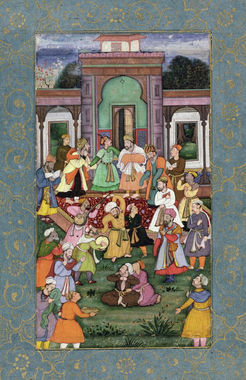 Örvénylő dervisek csoportja, a Large Clive Albumból, 1595 körül (átlátszatlan wc arannyal a papíron) alkotó: Mughal School
