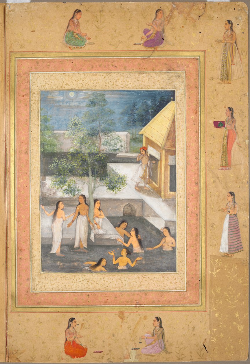 Hárem éjszakai fürdő jelenet (recto): Kalligráfia keretezve virágok és madarak díszes szegélyével (verso), c. 1650 (tinta és színes papíron) alkotó: Mughal School