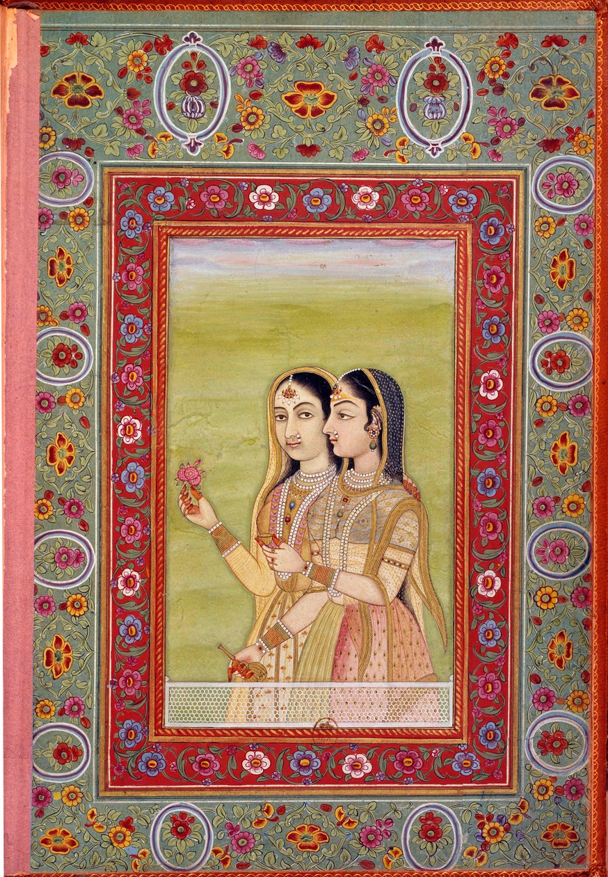 Indiai művészet: két nőt ábrázoló miniatűr. 17. század (Moghole-korszak) Párizs, B.N. alkotó: Mughal School