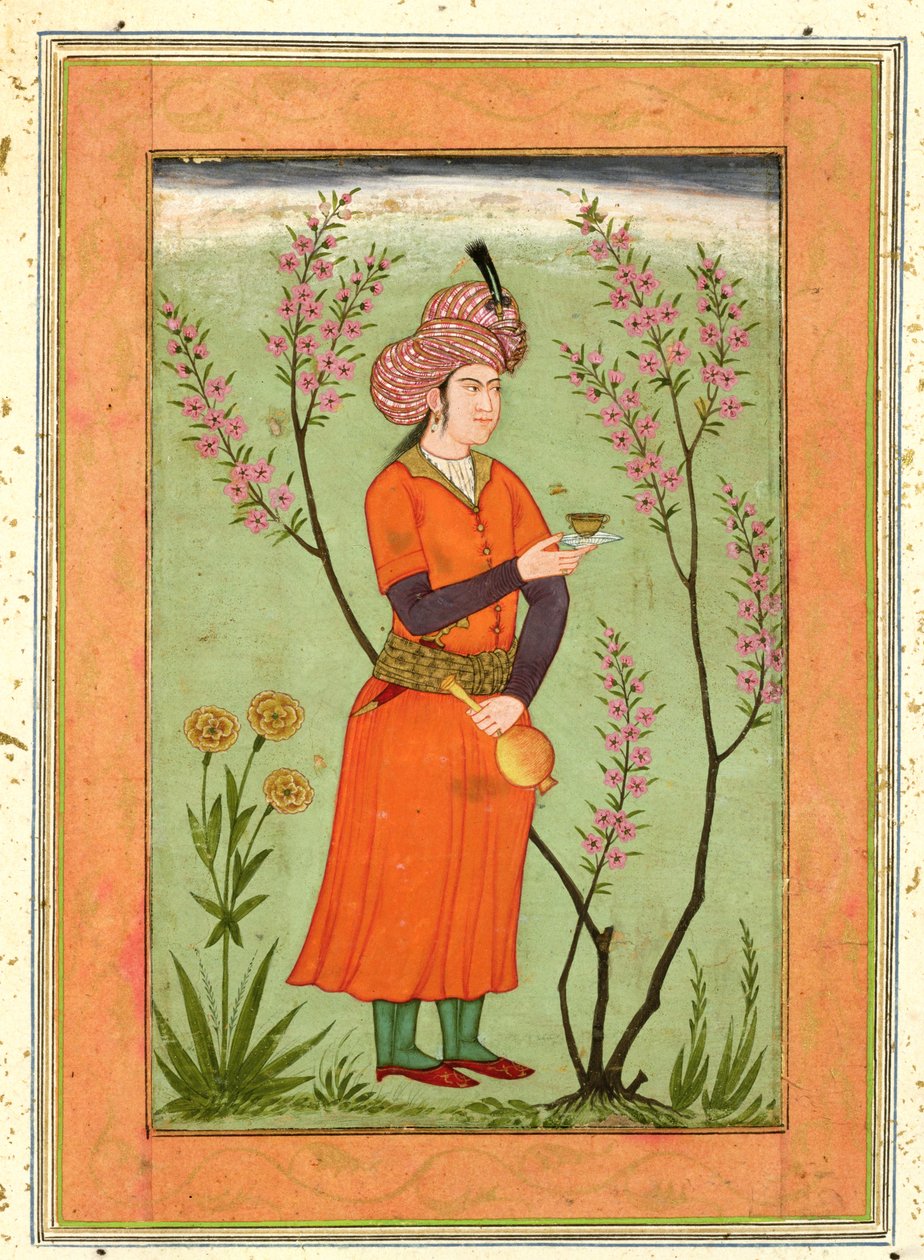 Iráni hercegi alak, kezében egy csészével és lombikkal, 1640 körül, a Large Clive albumból alkotó: Mughal School