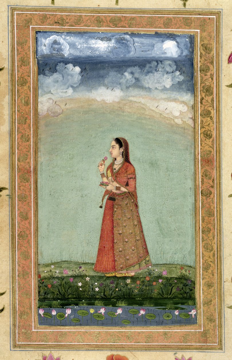 Hölgy kezében egy tál rózsával, a Small Clive albumból (papíron átlátszatlan wc) alkotó: Mughal School