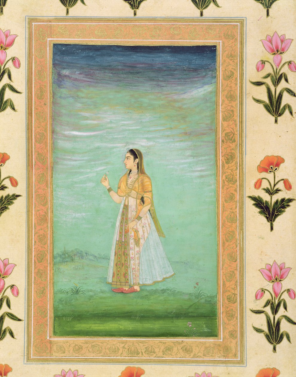 Virágot tartó hölgy a Small Clive albumból (papíron átlátszatlan wc) alkotó: Mughal School
