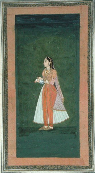 Hölgy a kezében borosüveggel és csészével, a Small Clive Albumból (átlátszatlan akvarell papíron) alkotó: Mughal School