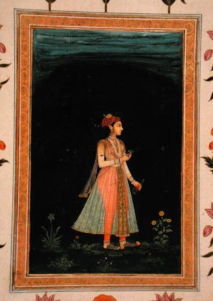 Hölgy, aki éjjel borosüveget és poharat tart a kezében, a Small Clive albumból alkotó: Mughal School