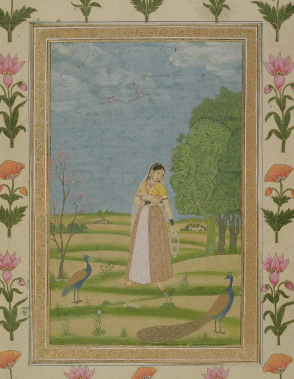 Hölgy pávakkal, a Small Clive albumból (papíron átlátszatlan wc) alkotó: Mughal School