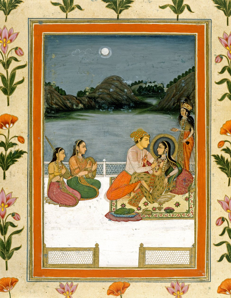 Szerelmesek a teraszon egy holdfényes tó mellett, a Small Clive Albumból (papíron átlátszatlan wc) alkotó: Mughal School