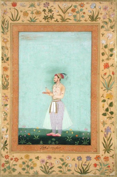 Dara Shikuh herceg egy tálca ékszerrel a kezében, a Minto Albumból alkotó: Mughal School