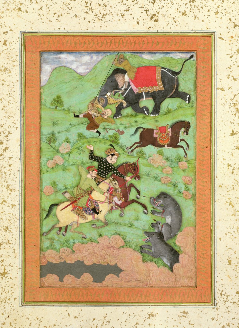 Medvékre vadászó rádzsput hercegek; egy mahout és az elefántja megment egy elesett lovast egy tigristől a Large Clive Albumból alkotó: Mughal School