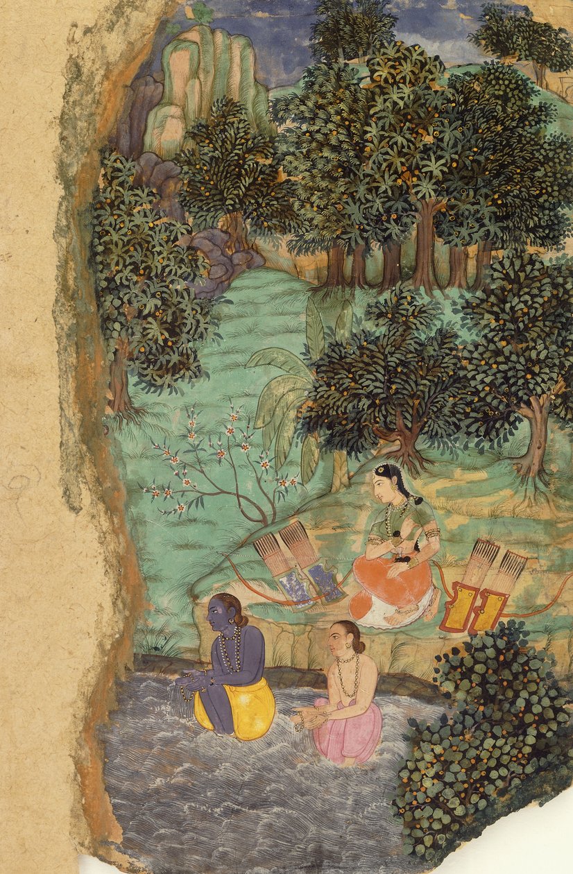 Rama és Lakshmana vizet kínálnak halott apjuknak a Mandakini folyó partján, 1595 körül alkotó: Mughal School