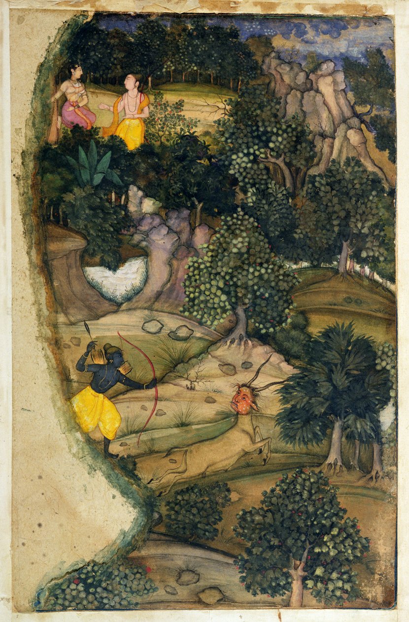 Rama az Aranyszarvast kergeti a Rámájánából, 1600 alkotó: Mughal School