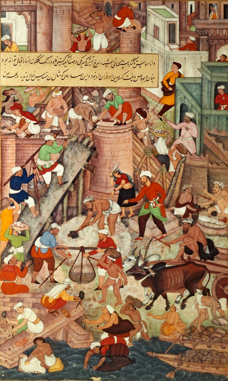 Az agrai Vörös Erőd építés közben, az "Akbarnama", Mughal alkotó: Mughal School