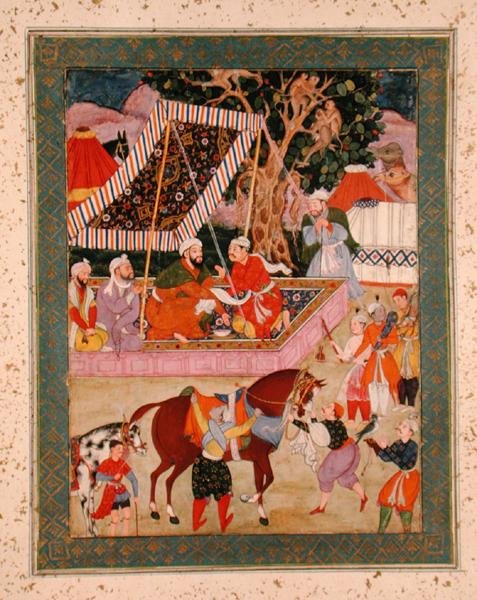 Jelenet egy Hawking-expedíció során, a Nagy Clive-albumból, 1570 körül. alkotó: Mughal School