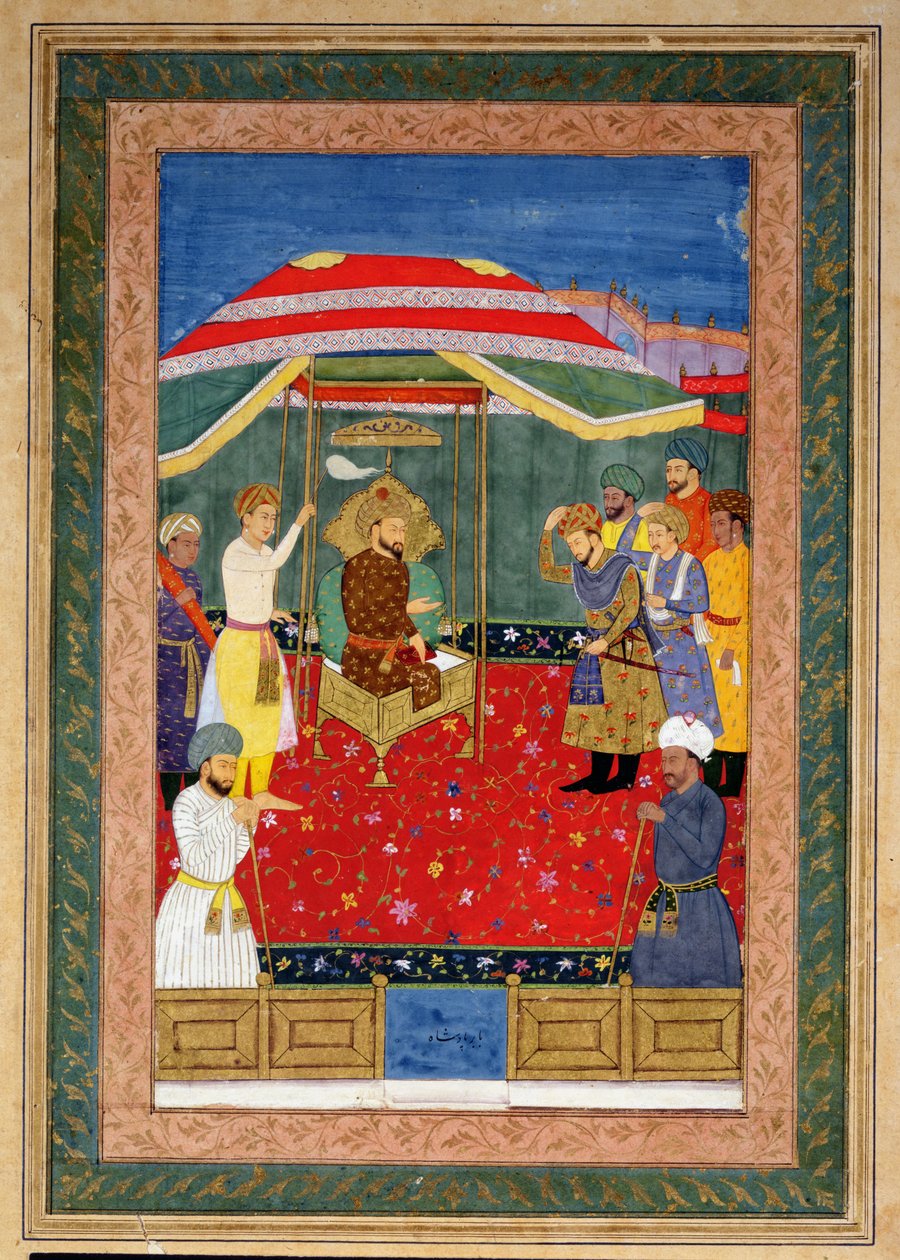 Babur mogul császár (1526-30) a trónon ülve egy herceget fogad, Johnson I. album, 3. szám, 65. alkotó: Mughal School