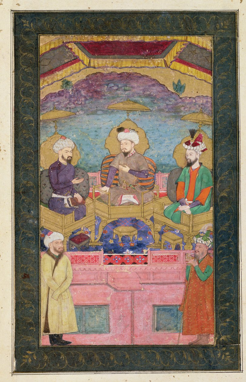 Timur (1336-1405), Babur (1483-1530, r.1526-30) és Humayan (1508-56, r.1530-56) együtt trónoltak, a Large Clive Albumból, egy c17. eredetiből alkotó: Mughal School