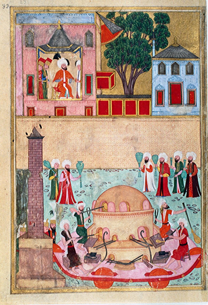 Üvegfúvó-bemutató a Konstantinápolyi lóversenypályán, az i Humayun (Vezetéknév i Humayun) vagy az Osman által illusztrált „Ünnepek könyve” (ms. hazine 1344) becenévből. 1582 körül (Isztambul) Isztambul, Topkapi Seray alkotó: Mughal School Osman