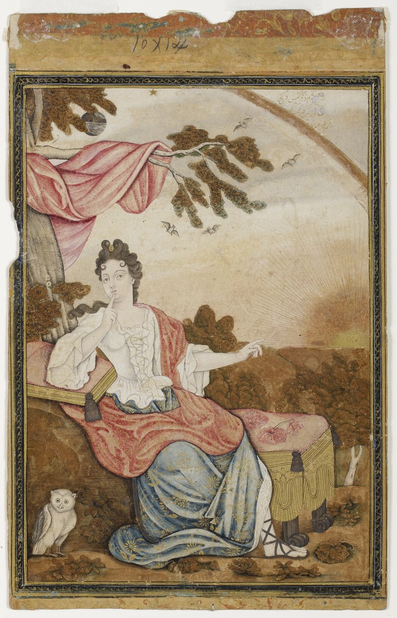 Egy ág alatt ülő európai nő bagollyal, 1700-32 (átlátszatlan wc és arany papíron) alkotó: Muhammad Sadiq