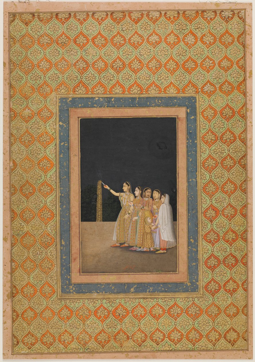 Tűzijátékkal játszó udvarhölgyek, kb. 1740. alkotó: Muhammad Afzal