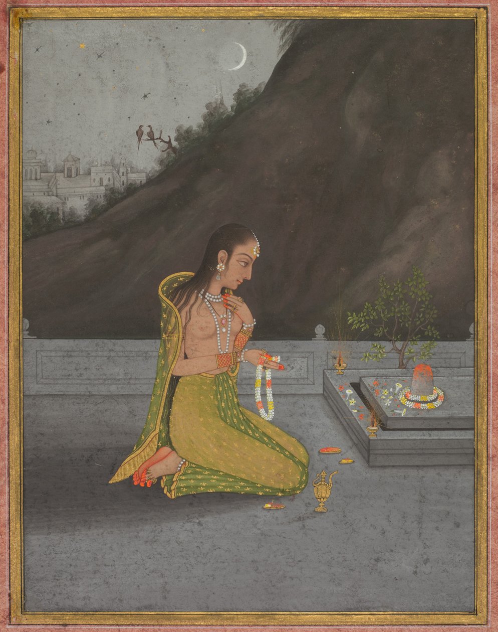 A Siva Puja éjszakai jelenete, 1760-70 körül (fedetlen akvarell aranyfestékkel, papír) alkotó: Muhammad Riza i Hindi
