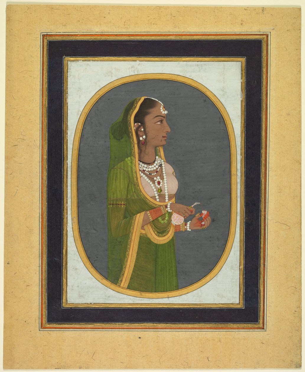 Udvari hölgy bort tölt, 1760 körül; szegélyek 1830 körüliek (fedő akvarell, tinta és arany, papír) alkotó: Muhammad Riza i Hindi